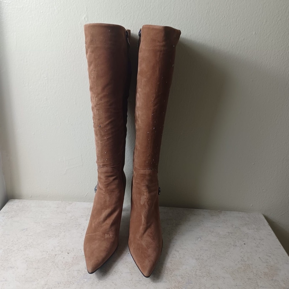 Chestnut Brown Suede Knee-High Pointed Toe Boots